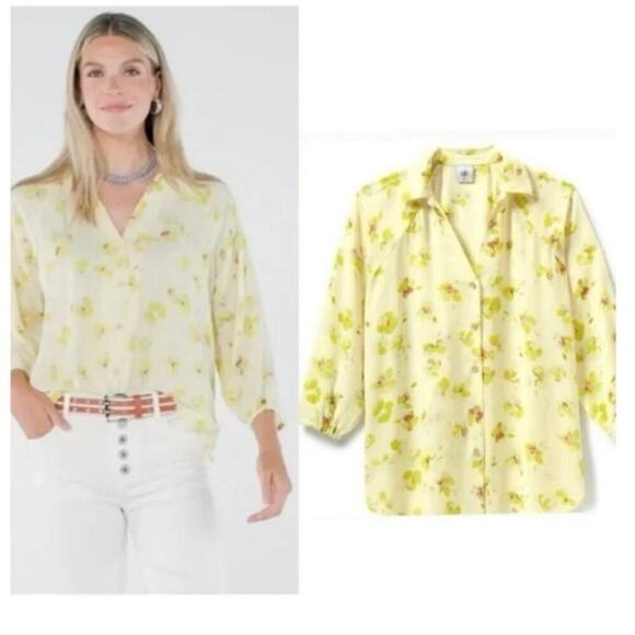 Cabi Go To Floral Soft Yellow Button Front Top Small V Neck Elegant Blouse Flowy - Picture 1 of 10